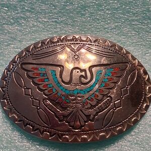 Navajo Turquoise And Coral Chip Belt Buckle